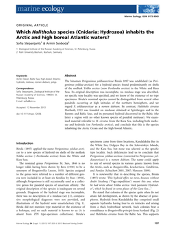 Which Halitholus Species (Cnidaria: Hydrozoa) Inhabits the Arctic and High Boreal Atlantic Waters? Soﬁa Stepanjants1 & Armin Svoboda2