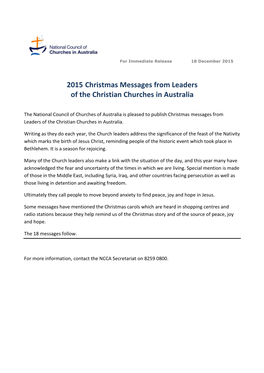 2015 Christmas Messages from Leaders of the Christian Churches in Australia
