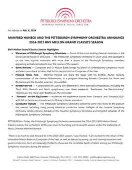 Manfred Honeck and the Pittsburgh Symphony Orchestra Announce 2014-2015 Bny Mellon Grand Classics Season