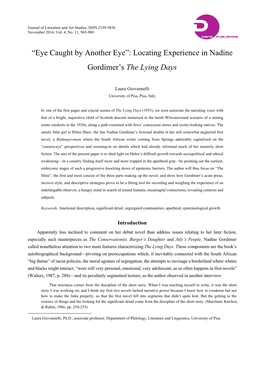 “Eye Caught by Another Eye”: Locating Experience in Nadine Gordimer’S the Lying Days