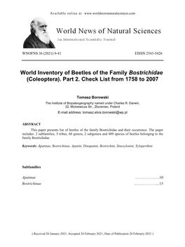 World Inventory of Beetles of the Family Bostrichidae (Coleoptera)