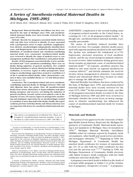 A Series of Anesthesia-Related Maternal Deaths in Michigan, 1985–2003 Jill M