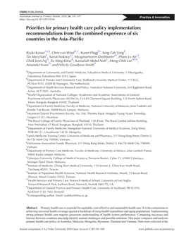 Priorities for Primary Health Care Policy Implementation: Recommendations from the Combined Experience of Six Countries in the Asia–Pacific