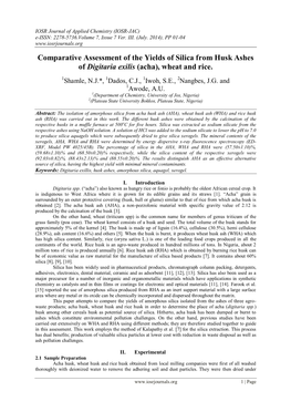 Comparative Assessment of the Yields of Silica from Husk Ashes of Digitaria Exilis (Acha), Wheat and Rice