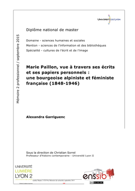 Marie Paillon, Vue À Travers Ses Écrits Et Ses Papiers Personnels : Une Bourgeoise Alpiniste Et Féministe Française (1848-19