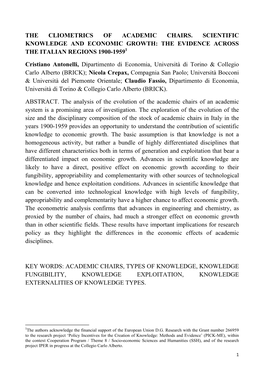 The Cliometrics of Academic Chairs. Scientific Knowledge and Economic Growth: the Evidence Across the Italian Regions 1900-19591