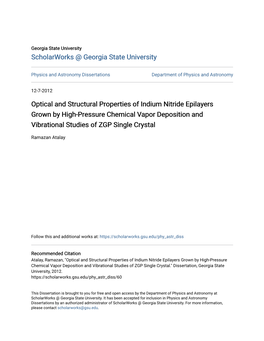 Optical and Structural Properties of Indium Nitride Epilayers Grown by High-Pressure Chemical Vapor Deposition and Vibrational Studies of ZGP Single Crystal