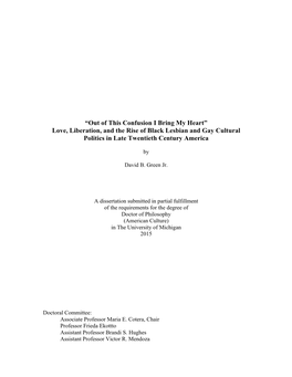 Love, Liberation, and the Rise of Black Lesbian and Gay Cultural Politics in Late Twentieth Century America