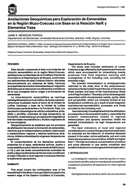 Anotaciones Geoqufmicas Para Exploracion De Esmeraldas En La Region Muzo-Coscuez Con Base En La Relaci6n Nalk Y Elementos Traza