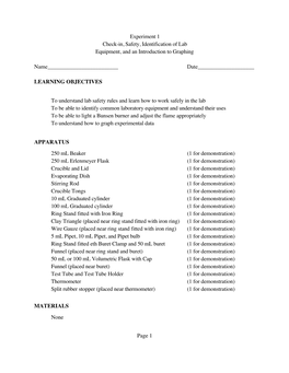 Experiment 1 Check-In, Safety, Identification of Lab Equipment, and an Introduction to Graphing