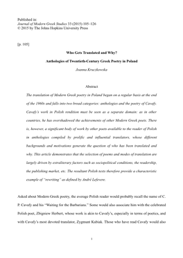 Published In: Journal of Modern Greek Studies 33 (2015) 105–126 © 2015 by the Johns Hopkins University Press