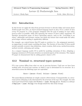 Featherweight Java 12.1 Introduction 12.2 Nominal Vs. Structural Types