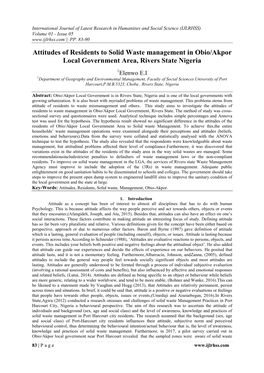 Attitudes of Residents to Solid Waste Management in Obio/Akpor Local Government Area, Rivers State Nigeria