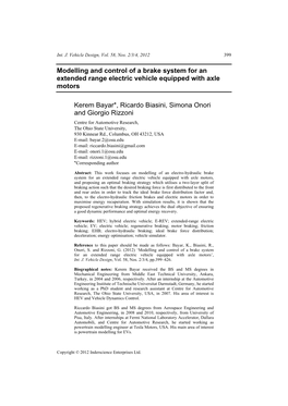 Modelling and Control of a Brake System for an Extended Range Electric Vehicle Equipped with Axle Motors