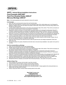 Vehicle Wiring Installation Instructions Ford Freestyle 2005-2007 Ford Five Hundred Sedan 2005-07 Mercury Montego 2005-07