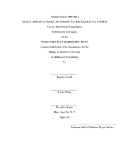 Jms-0112 Design and Analysis of an Absorption Refrigeration System