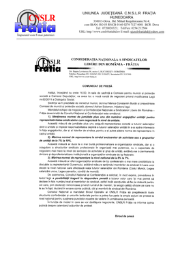 UNIUNEA JUDEŢEANĂ C.N.S.L.R FRAŢIA HUNEDOARA 330013-Deva , Bd