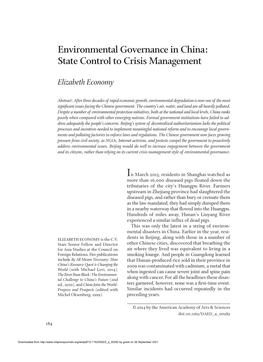 Environmental Governance in China: State Control to Crisis Management