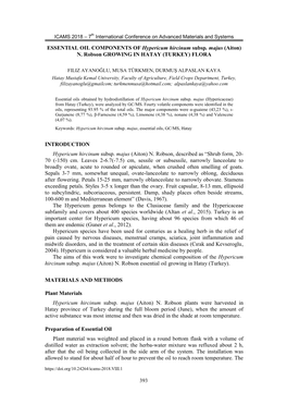 ESSENTIAL OIL COMPONENTS of Hypericum Hircinum Subsp. Majus (Aiton) UNDER the PATRONAGE OF: N