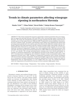 Trends in Climate Parameters Affecting Winegrape Ripening in Northeastern Slovenia