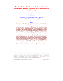 The Contribution of the Community Cooperatives of the Highlands and Islands of Scotland to the Development of the Social Economy∗