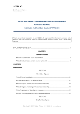 PREVENTION of MONEY LAUNDERING and TERRORIST FINANCING ACT ACT 10/2010 of 28 APRIL Published in the Official State Gazette