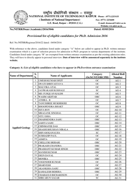 List of Provisionally Eligible Candidate for Ph.D. 2016.Xlsx