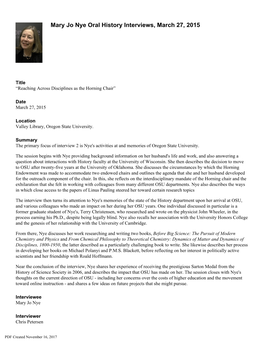 Mary Jo Nye Oral History Interviews, “Reaching Across Disciplines As the Horning Chair”, March 27, 2015 Page 3 of 16