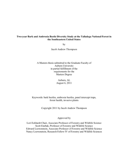 Two-Year Bark and Ambrosia Beetle Diversity Study at the Talladega National Forest in the Southeastern United States by Jacob Andrew Thompson