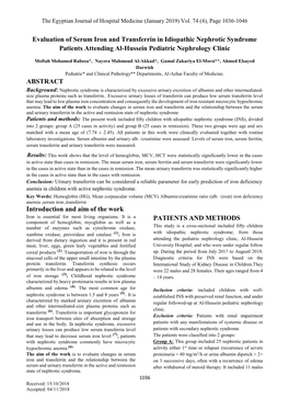 Evaluation of Serum Iron and Transferrin in Idiopathic Nephrotic Syndrome Patients Attending Al-Hussein Pediatric Nephrology Clinic