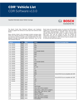 V13.0 Supported Vehicle List