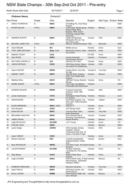 NSW State Champs - 30Th Sep-2Nd Oct 2011 - Pre-Entry