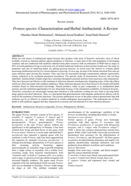 Proteus Species: Characterization and Herbal Antibacterial: a Review