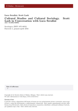 Cultural Studies and Cultural Sociology. Scott Lash in Conversation with Luca Seraﬁni (Doi: 10.2383/83889)