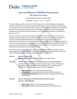 Safe and Effective COVID-19 Vaccination the Path from Here Duke-Margolis Center for Health Policy September 10, 2020 | 12:00 – 2:15 Pm ET