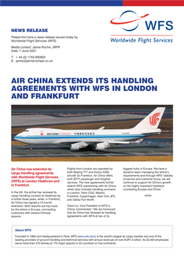 Air China Extends Its Handling Agreements with Wfs in London and Frankfurt