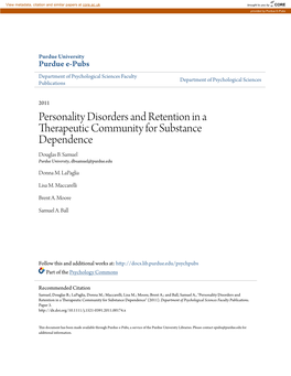 Personality Disorders and Retention in a Therapeutic Community for Substance Dependence Douglas B