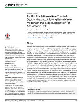 Conflict Resolution As Near-Threshold Decision-Making: a Spiking Neural Circuit Model with Two-Stage Competition for Antisaccadic Task