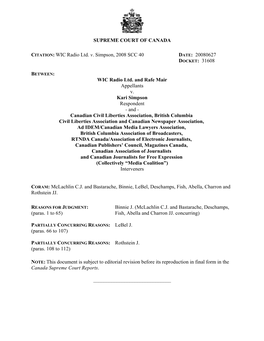 WIC Radio Ltd. V. Simpson, 2008 SCC 40 DATE: 20080627 DOCKET: 31608