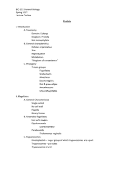 BIO 102 General Biology Spring 2017 Lecture Outline Protists I