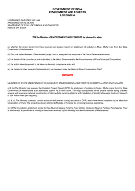 ANSWERED ON:12.08.2013 ABATEMENT of POLLUTION in MULA MUTHA RIVER Kalmadi Shri Suresh