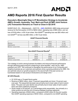 AMD Reports 2016 First Quarter Results