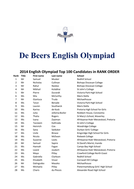 De Beers English Olympiad 2014 English Olympiad Top 100