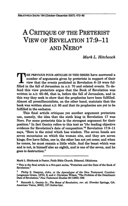 A CRITIQUE of the PRETERIST VIEW of REVELATION 17:9-11 and NERO* Mark L