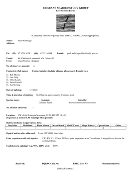 BRISBANE SEABIRD STUDY GROUP Rare Seabird Forms