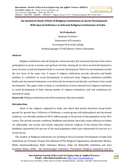 An Analytical Study of Role of Religious Institutions in Social Development - with Special Reference to Selected Religious Institutions of India