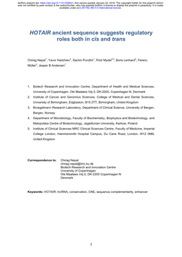 HOTAIR Ancient Sequence Suggests Regulatory Roles Both in Cis and Trans