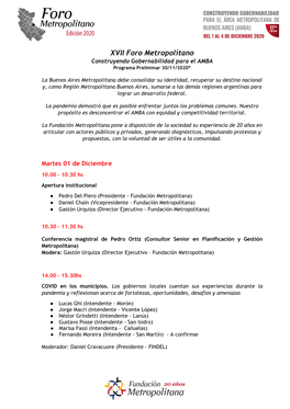 XVII Foro Metropolitano Construyendo Gobernabilidad Para El AMBA Programa Preliminar 30/11/2020*
