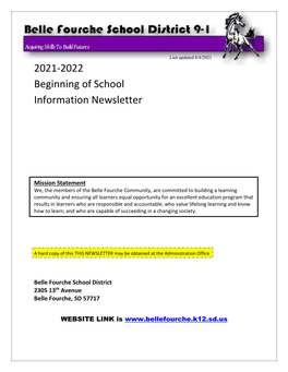 2021-2022 Beginning of School Information Newsletter