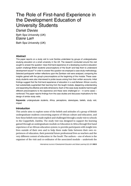 The Role of First-Hand Experience in the Development Education of University Students Daniel Davies Bath Spa University (UK) Elaine Lam Bath Spa University (UK)